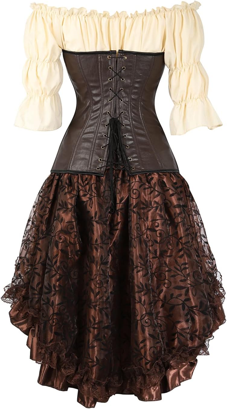 Grebrafan Steampunk Corsets Skirt Blouse Set Tight Lace Corset Outfits for Women