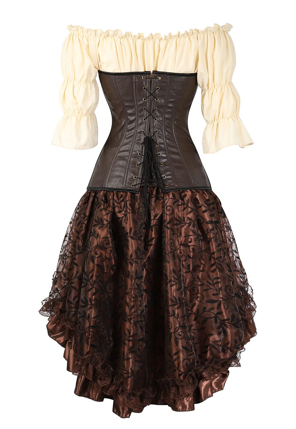 Grebrafan Steampunk Leder Corsage mit Rock und Piratenbluse Damen | Piratin Kostüm Korsett Karneval Kostüm Korsett Damen