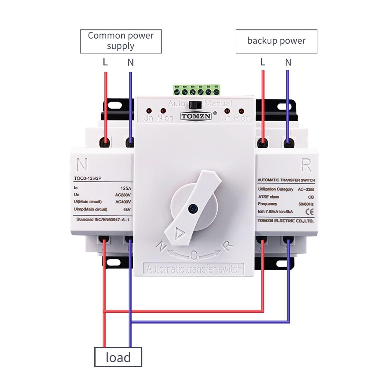 ATS 2P 125A 230V MCB tipo Dual Power Automatic transfer switch TOQ3-2P/125 PV city power Generator