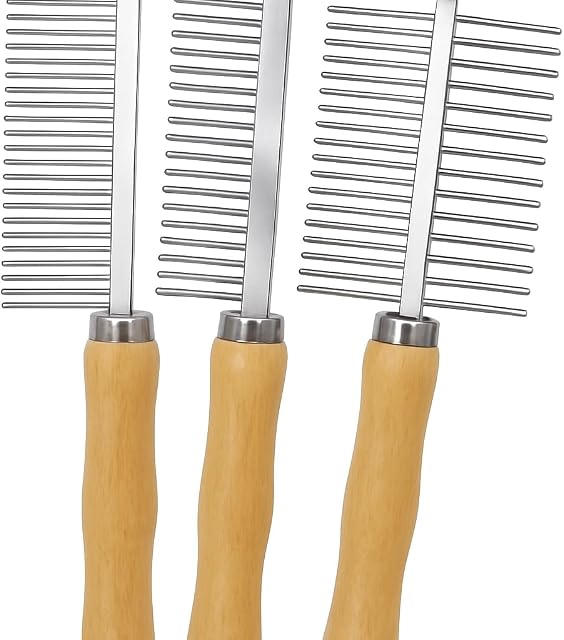Set of 3 Stainless Steel Pet Hair Comb, Wooden Handle of Bamboo Proven Grooming Tools Kit for Dogs Cats and Other Animals