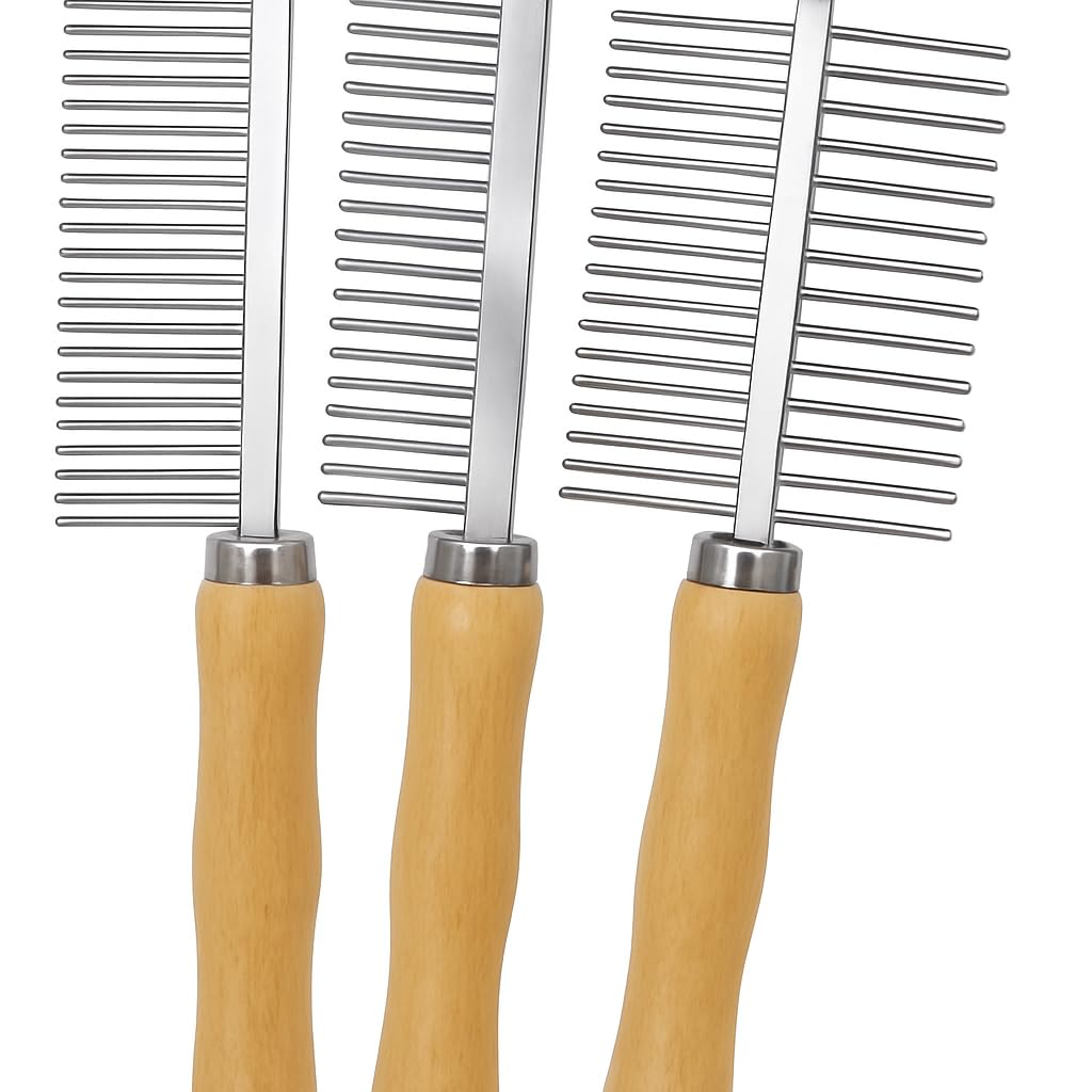 Set of 3 Stainless Steel Pet Hair Comb, Wooden Handle of Bamboo Proven Grooming Tools Kit for Dogs Cats and Other Animals