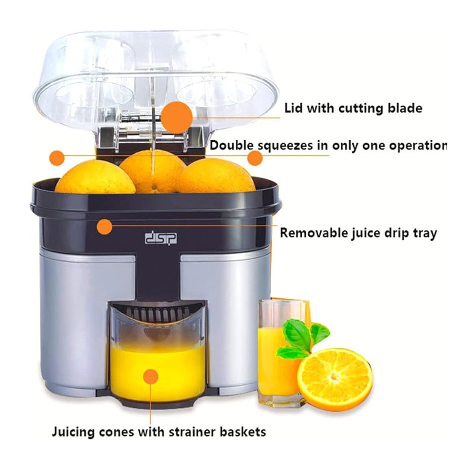 Spremitore elettrico a doppio succo d’arancia, trituratore elettrico veloce da 90W a doppio succo d’arancia, frantumatore interno, accessorio conico amovibile, idoneo al succo di pompelmo d’arancia