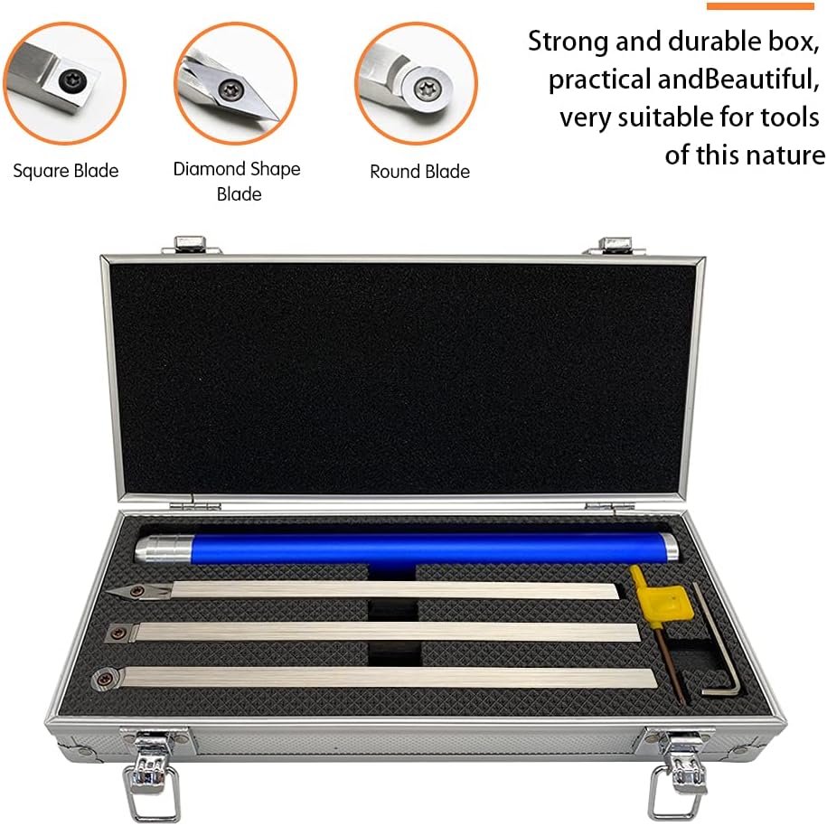 Carbide Tipped Wood Turning Tools Set, Latest Lathe Rougher Finisher Swan Neck Hollowing Tools and Interchangeable Aluminum Alloy Grip Handle with Diamond Round Square Carbide Inserts - - 