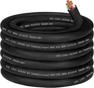 12/4 Wire 12 Gauge SJOOW Wire 12AWG SJOOW Cable Cord Portable Power Cable 12 Gauge 4 Conductor Cord for 20 AMP EV Battery Charger,Portable Light LED,RV Outlet Lead,Garage,Powering Tool Machinery-50ft