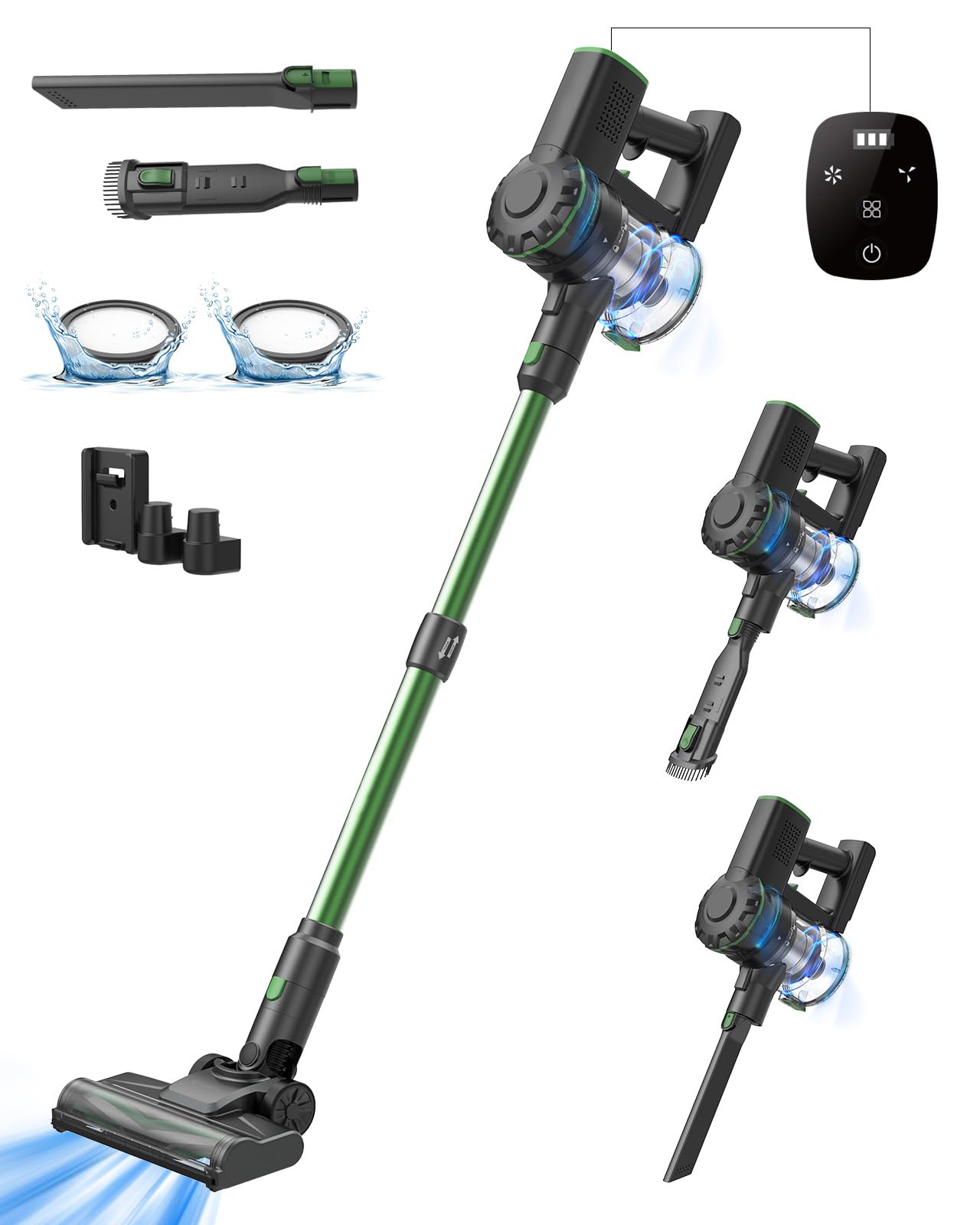 40KPa Aspirapolvere Senza Fili Potente,Scopa Elettrica Senza Fili Potente 50minuti e display a LED,Scope elettriche,Aspirapolvere Portatile,Aspirapolvere per Pavimenti/Tappeti/Peli Animali,Verde