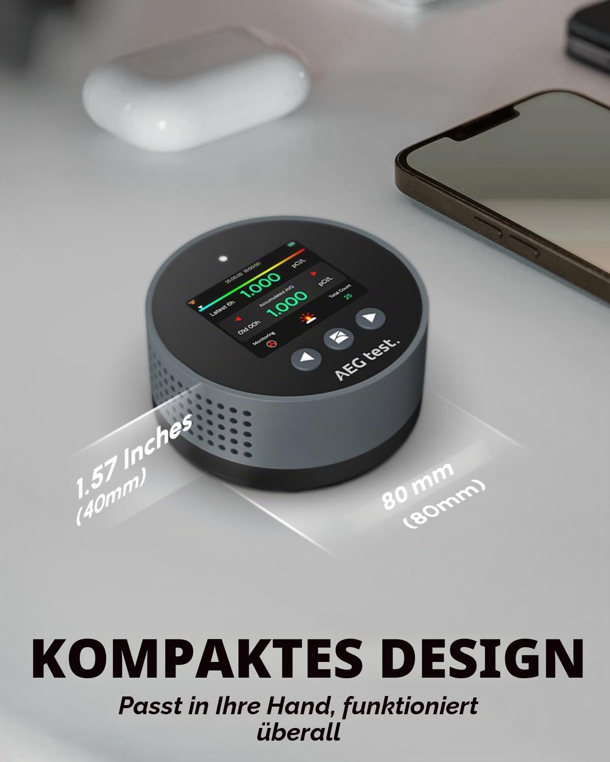 HOUND-1085 Tragbarer Radondetektor, langfristige Radonüberwachung für Zuhause, akustische und visuelle Alarme, wiederaufladbar, TFT-Farb-LCD-Bildschirm, pCi/L oder Bq/m³, Blau