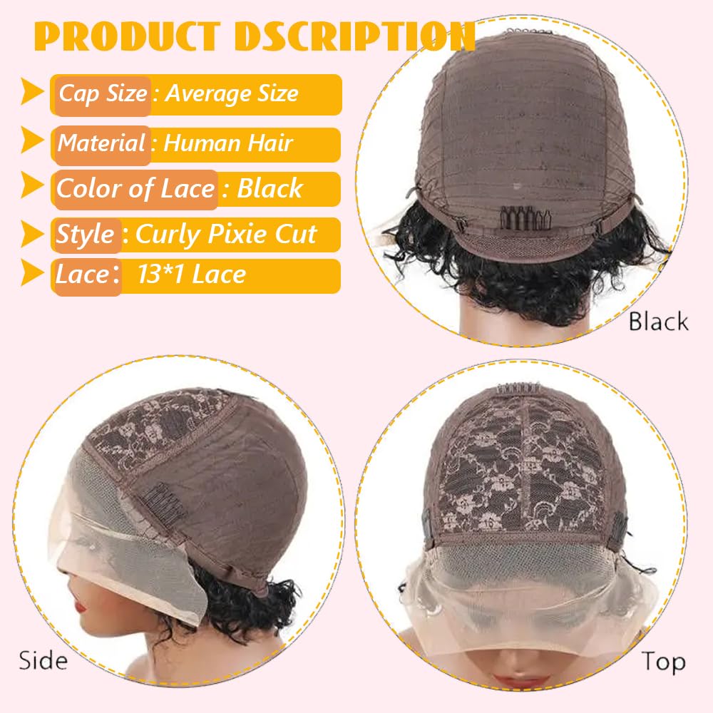 Pixie Cut Wig Human Hair CurLy Lace Short Bob Wig Lace Front Wig 13X1 HD Transparent Lace Wig for Black Women Pre Plucked with Natural Black Color (1B#)