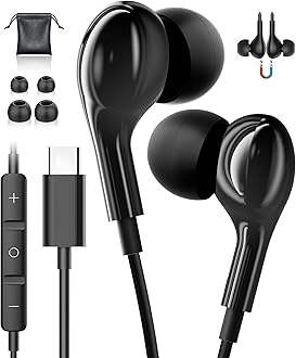 USB C Headphones for Samsung Galaxy S24 S25 Ultra iPhone 17 USB C Earphones Wired Earbuds Type C Headphones with Mic HiFi Type C Earphones for iPhone 16 15 Samsung S23 S24 S25 FE A56 A17 A16 iPad 10th