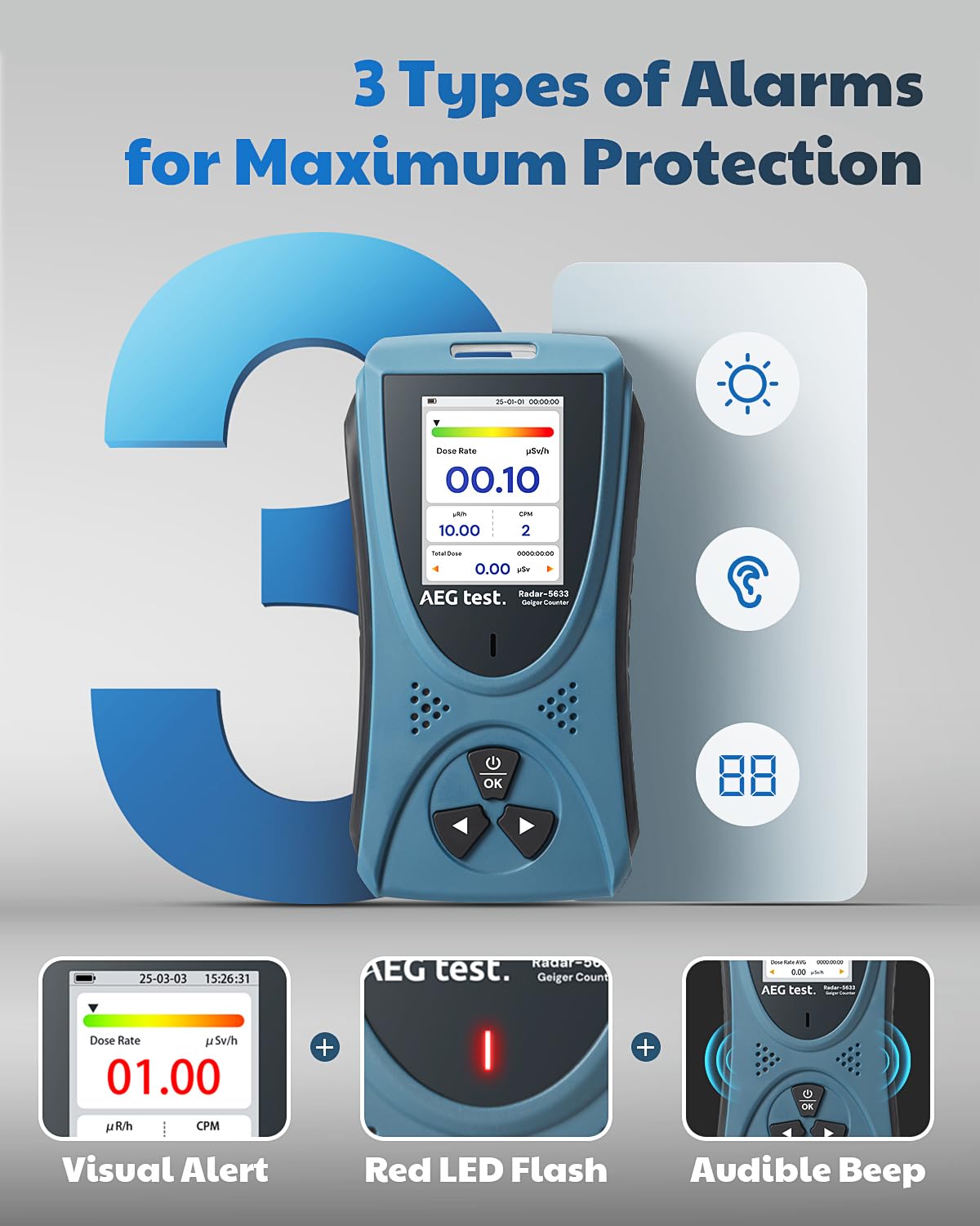 Radiation Detector AEGTEST Radar-5633 Portable Nuclear Radiation Detector with LCD Screen, Rechargeable Dosimeter for Beta Gamma X-ray Detection, Measures in CPM μSv/h μR/h μSv - Blue