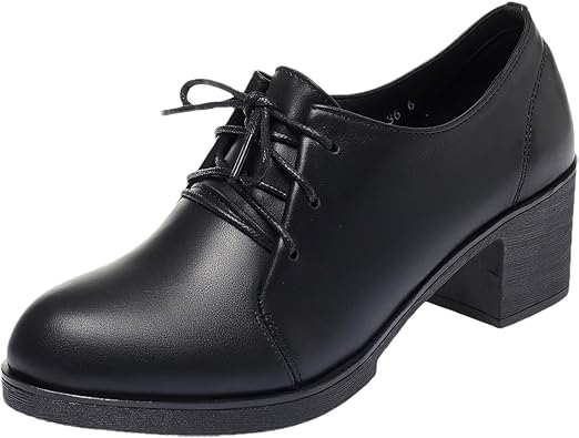 rismart Womens Leather Oxfords Lace up Round Toe Chunky Heels Dress Pumps Shoes