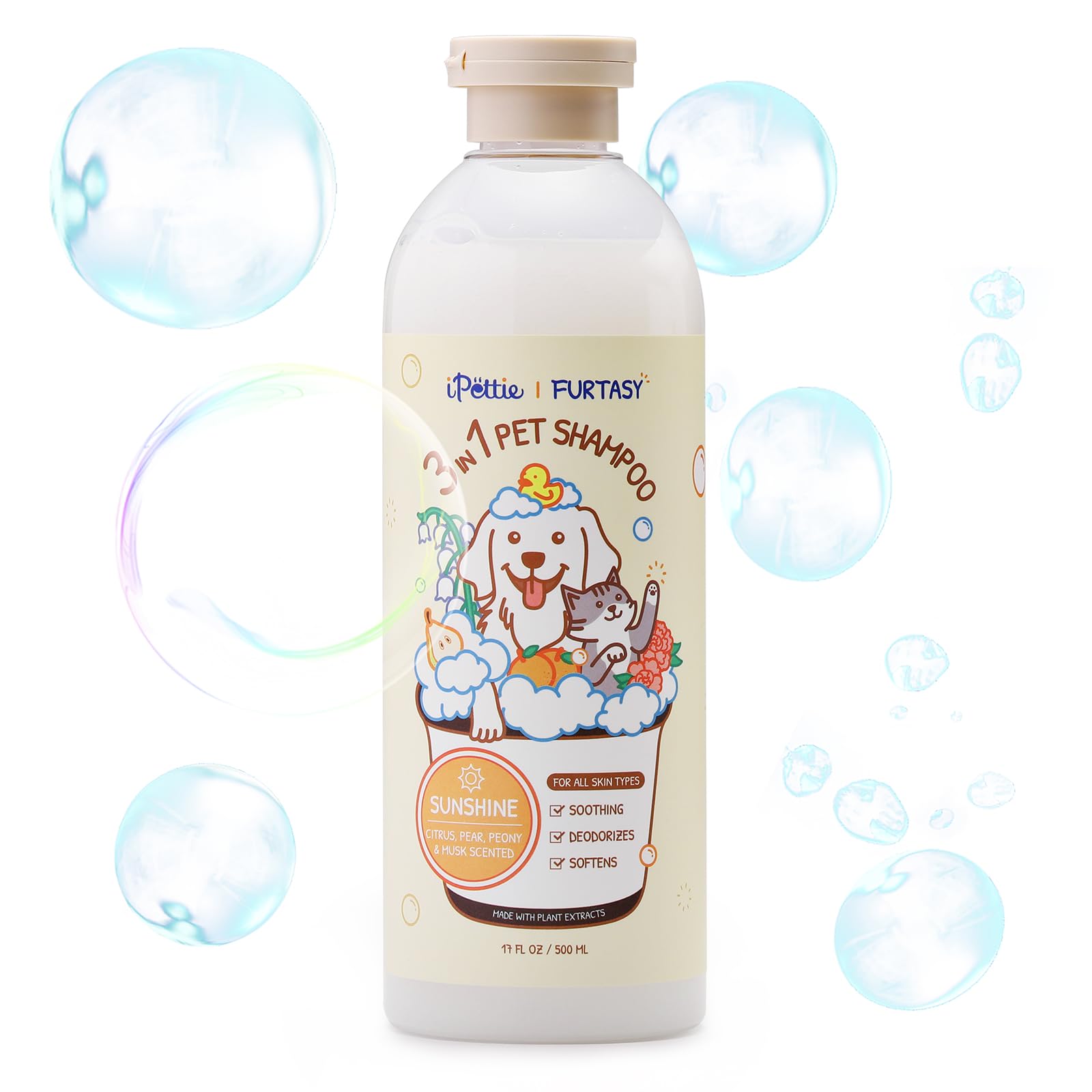 iPettie Furtasy Pet Shampoo for Smelly Dogs, 3-in-1 Wash with Aloe & Herbal Extracts, Soothing, Deodorizing, Softening, Paraben-Free, Alcohol-Free, No Synthetic Dyes, Sunshine Scent