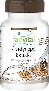 fairvital Cordyceps Extrakt 500mg, 90 Kapseln, schluckfreundlich, HOCHDOSIERT, Cordyceps Sinensis (Raupenpilz), 40% Polysaccharide, VEGAN