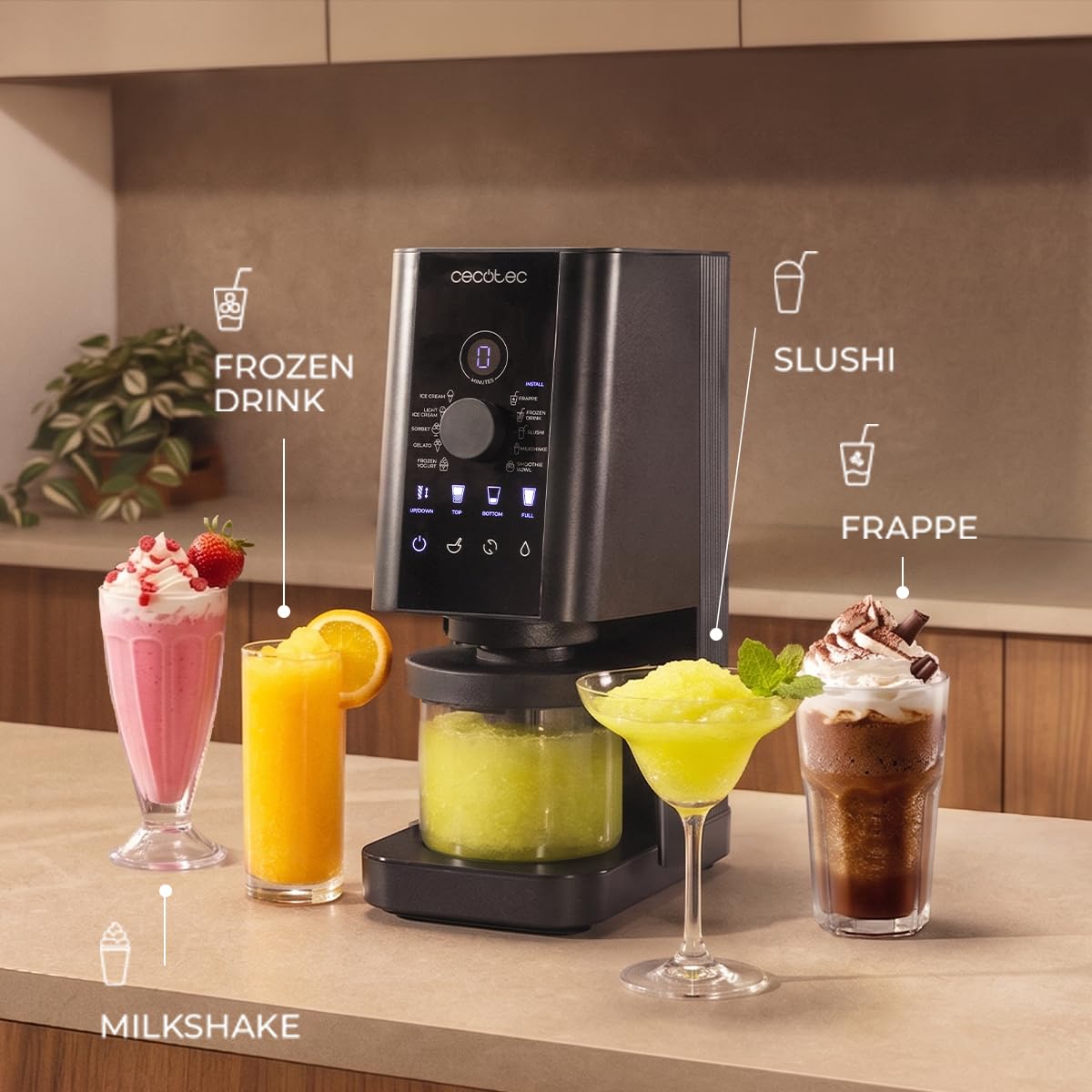Cecotec Eismaschine Gelatec 1800, CreamOn and Re-Spin für ultra cremig, 10 Programme Eis & Ice-Drinks, Drehregler, Eis in 5 Min nach Einfrieren, 1,35 L mit 3x 450 ml BPA-frei, Mix-ins