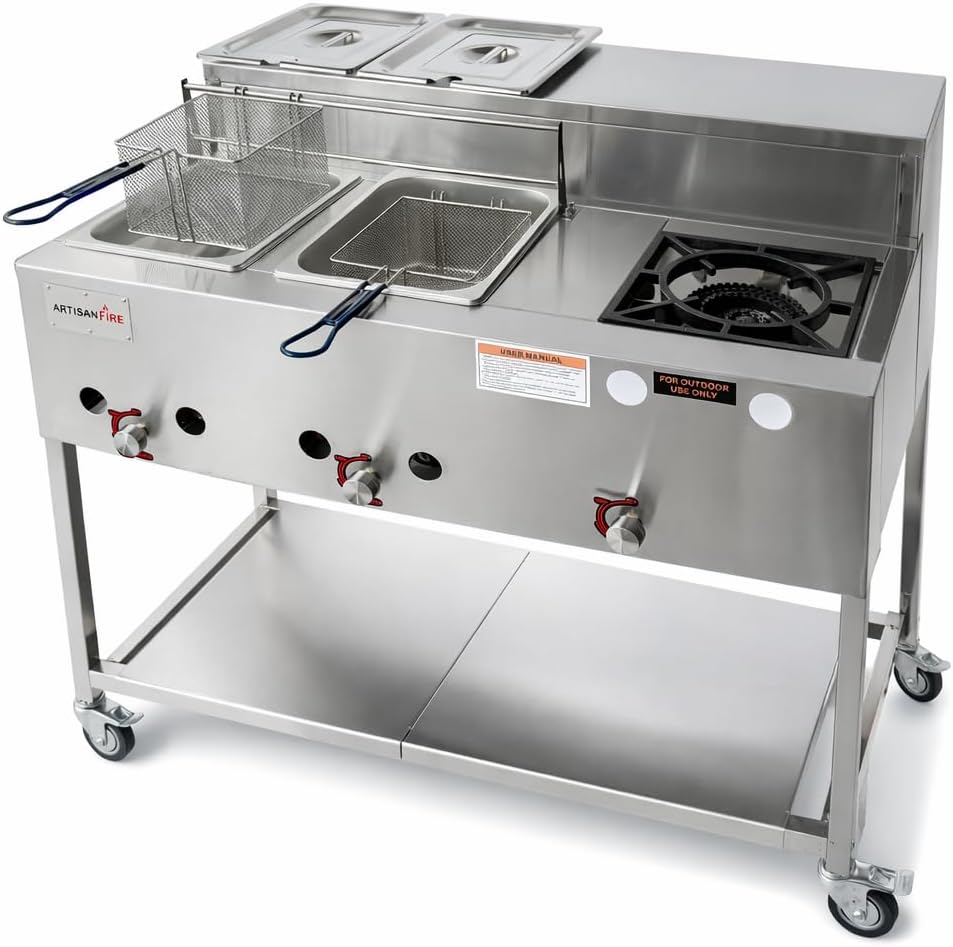 Stainless Steel Propane Deep Fryer Cart with Vortex Stove-3 in 1 with Food Steamers-Cast Iron Burner Stove-Ideal for Commercial and Home Use