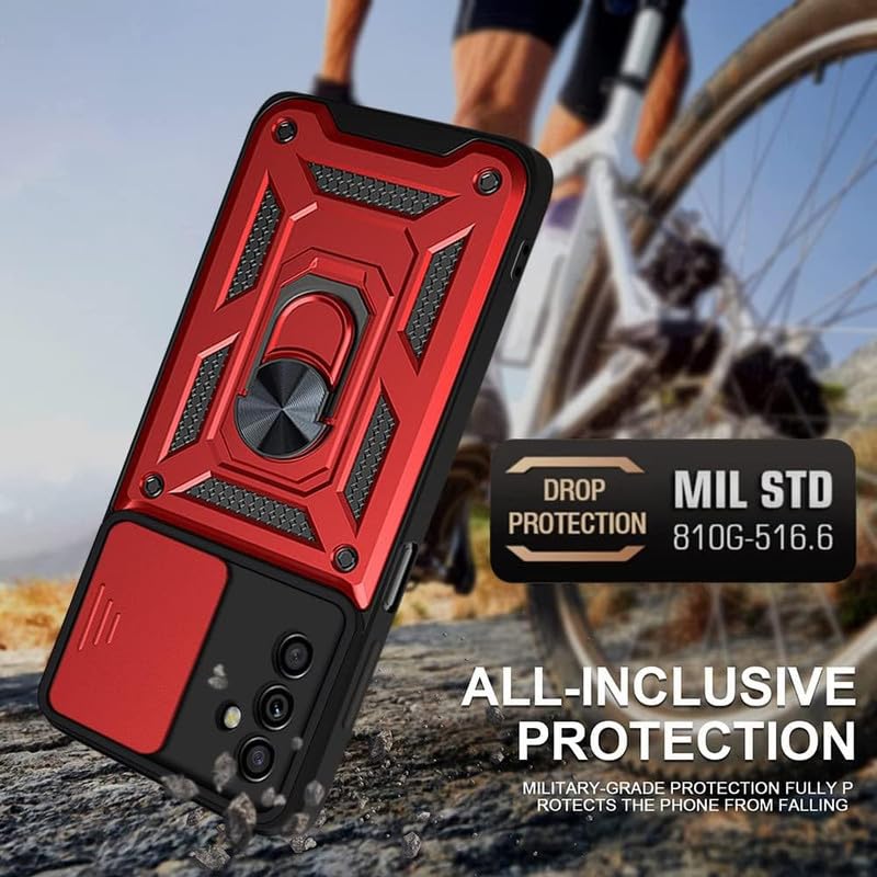 Image of SkyTree Samsung Galaxy F14 5G, Robotic Sliding Camera Window Shock Proof Thunder Case, Dual Layer Hybrid Shockproof Back Cover Case with Kickstand for Samsung Galaxy F14 5G - Red