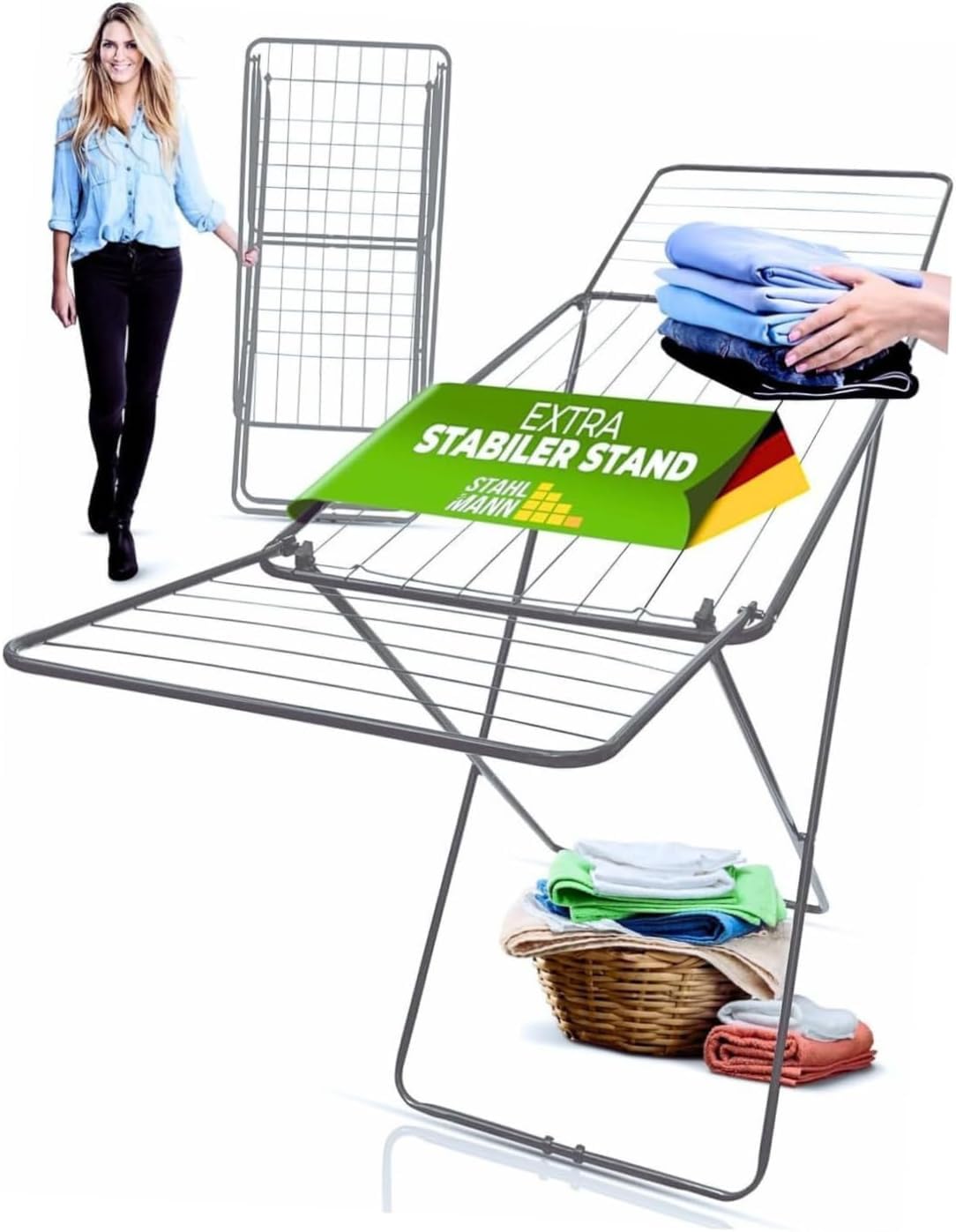 STAHLMANN ® Wäscheständer klappbar[18M Trockenfläche ] - Wäscheständer[Made IN EU] - Wäscheständer-Grau- Wäscheständerplatzsparend