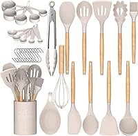 UmiteChef 33-Piece Silicone Kitchen Utensils Set with Wooden Handles & Holder - Non-Stick, BPA-Free, Khaki
