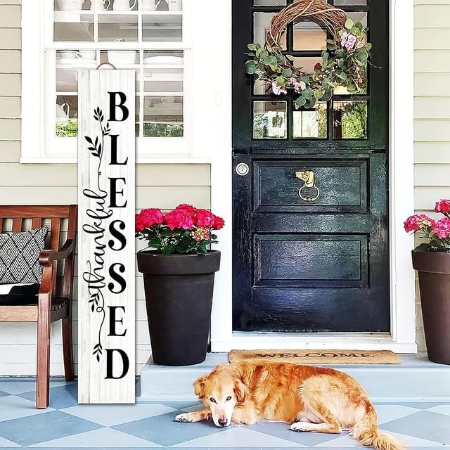 Bidesign (48x8) IN Tall Thankful Blessed Vertical Signs For Front Door Porch Standing Hanging Wood Welcome Yard Sign For Home Decor Fall Autumn Thanksgiving Decorations Outdoor Indoor