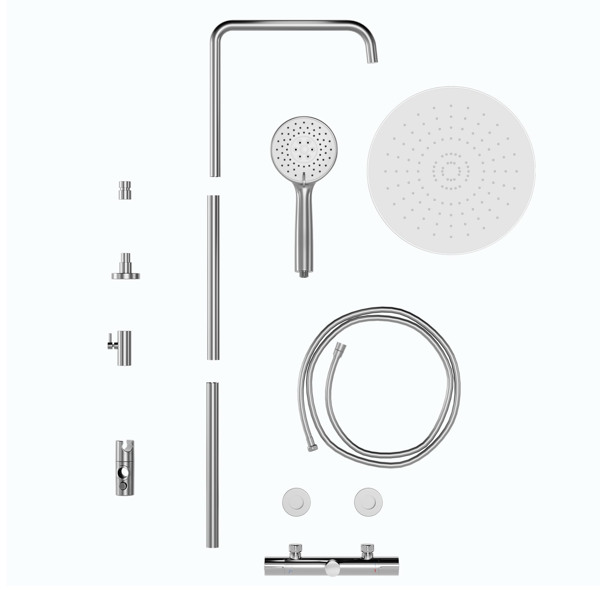 Columna Ducha Termostática Cromo, Sistema Completo con Grifo Termostático, Ducha Techo Redonda 25 cm, Alcachofa 3 Modos, Barra Deslizante Regulable, Bloqueo Seguridad 38°C, Cabezal Giratorio 360°