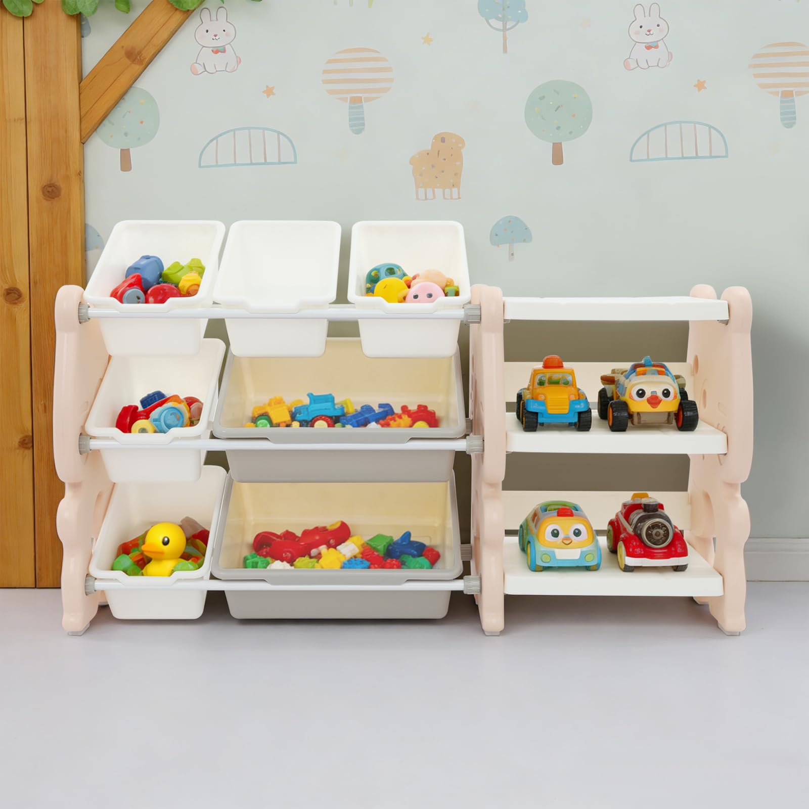 Spielzeug-Organizer mit 3 Regalen & 7 Behältern, Kinder Spielzeugregal für Schlafzimmer & Kinderzimmer, Aufbewahrungsset für Bücher, Spielzeug & Zubehör (Rosa)