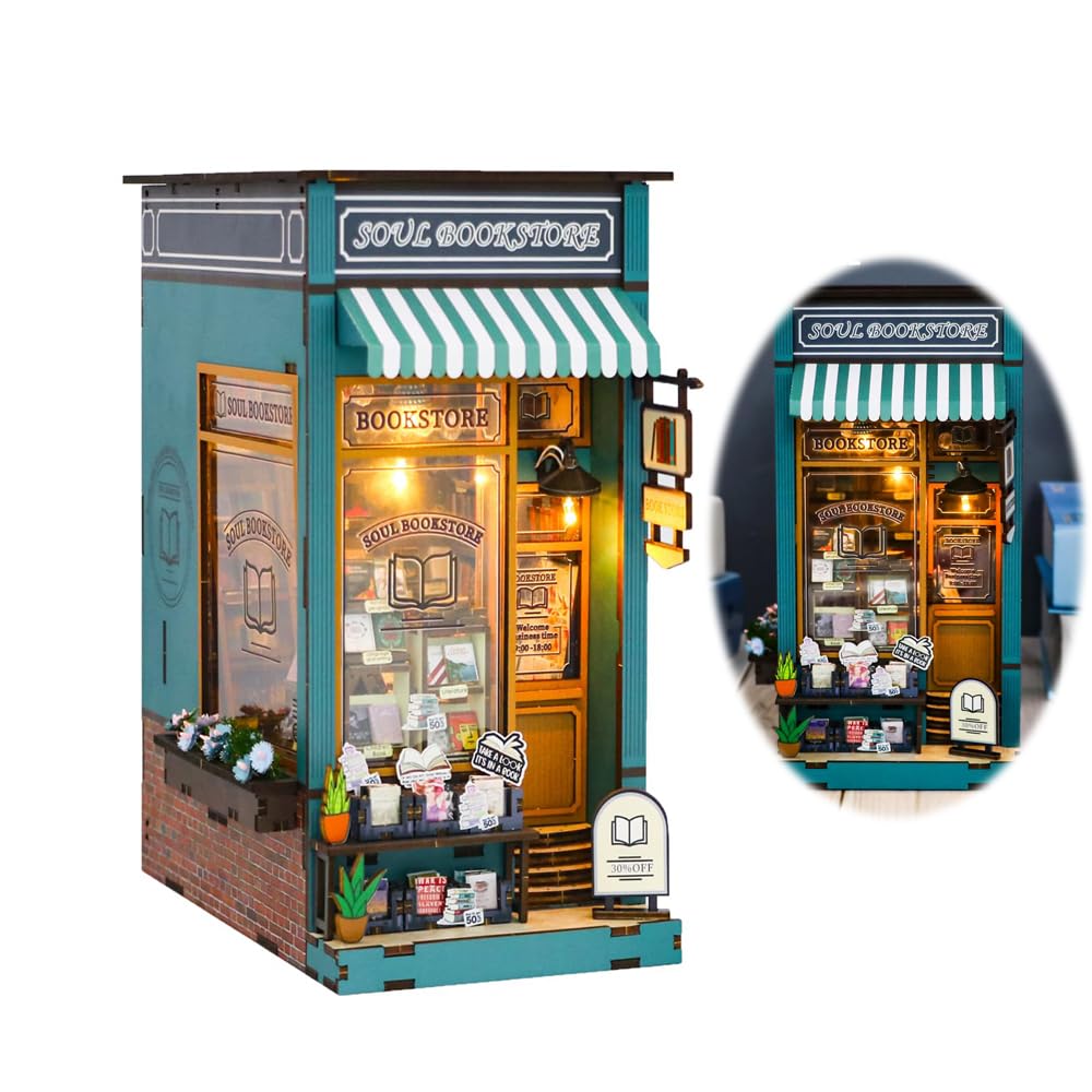 Azonee Spilay DIY Miniature Dollhouse Kit, DIY Dollhouse Kit with Wooden Furniture, Handmade Crafts Gifts for Birthday (Soul Bookstore with LED)