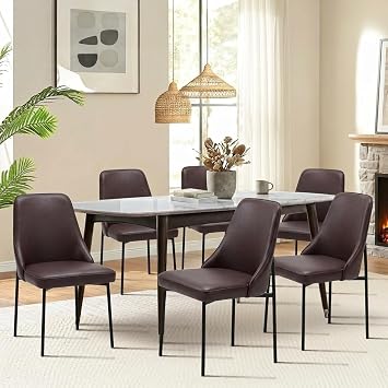 Modern Dining Chairs 6 Pack, PetFriendly Faux Leather Dining Room Chairs, Upholstered High Back Side Chairs with Metal Legs, EasytoClean Kitchen Chairs for Dining Room Living Room, Brown