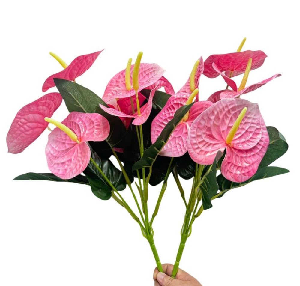 Corkwaw Pink 20 Inch Artificial Red Anthurium Flowers (2 Pcs) - Realistic Fake Floral Arrangement For Wedding, Table Centerpiece, Home Decor (Pink)