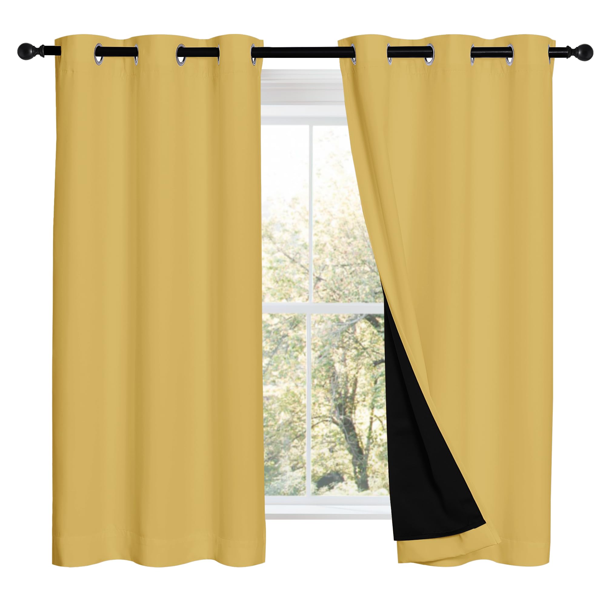 NICETOWN Bright Yellow 100% Blackout Curtains 2 Panels with Black Liners, Thermal Insulated Full Blackout 2-Layer Lined Drapes, Noise Cancellation Window Draperies for Dining Room(42" W by 54" L)