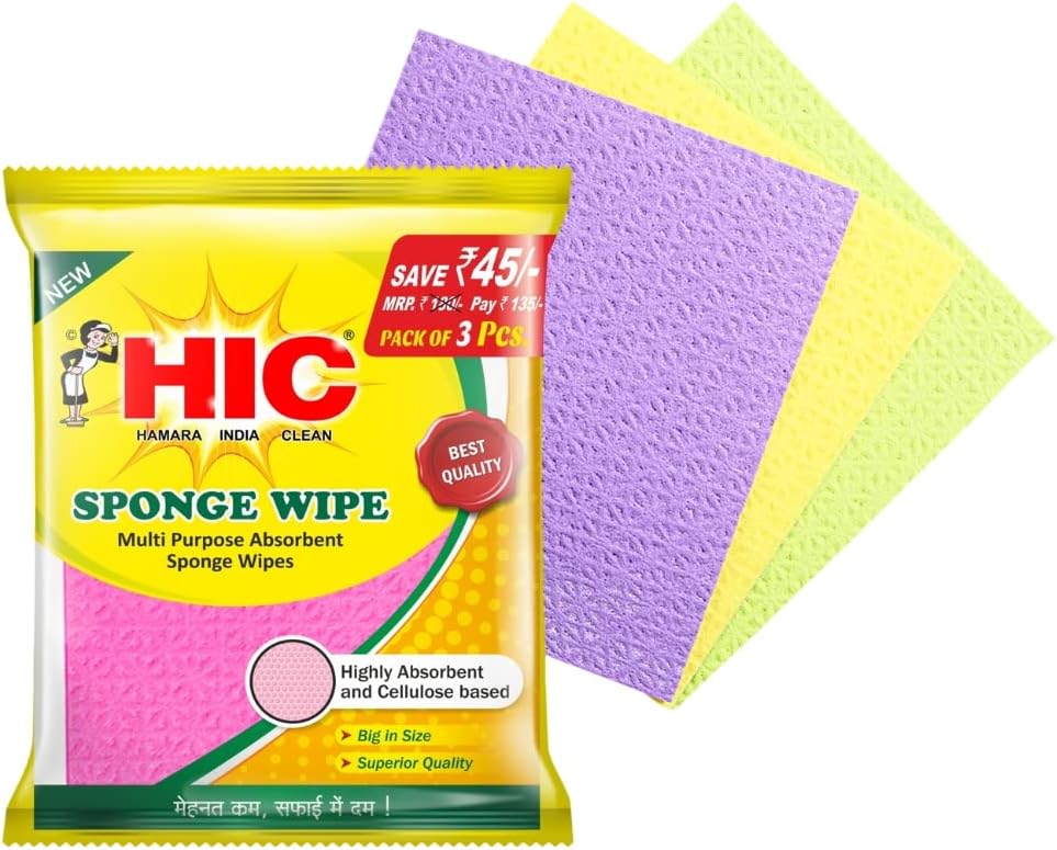 HIC HAMARA INDIA CLEANSponge Wipe resuable and Washable Sponge Wipes with Super absorbant Biodegradable Cellulose Material for Kitchen and Home Cleaning (Multicolored) - Pack of 3