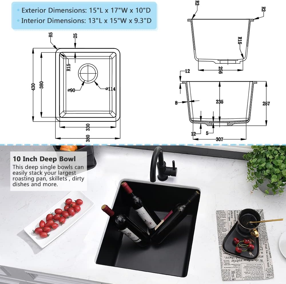 15 Inch Black Bar Sink Undermount-VASOYO 15x17 Small Kitchen Sink Black Quartz Undermount Outdoor Rv Sinks Deep Single Bowl Wet Bar Sinks Small Bowl with Bottom Grid