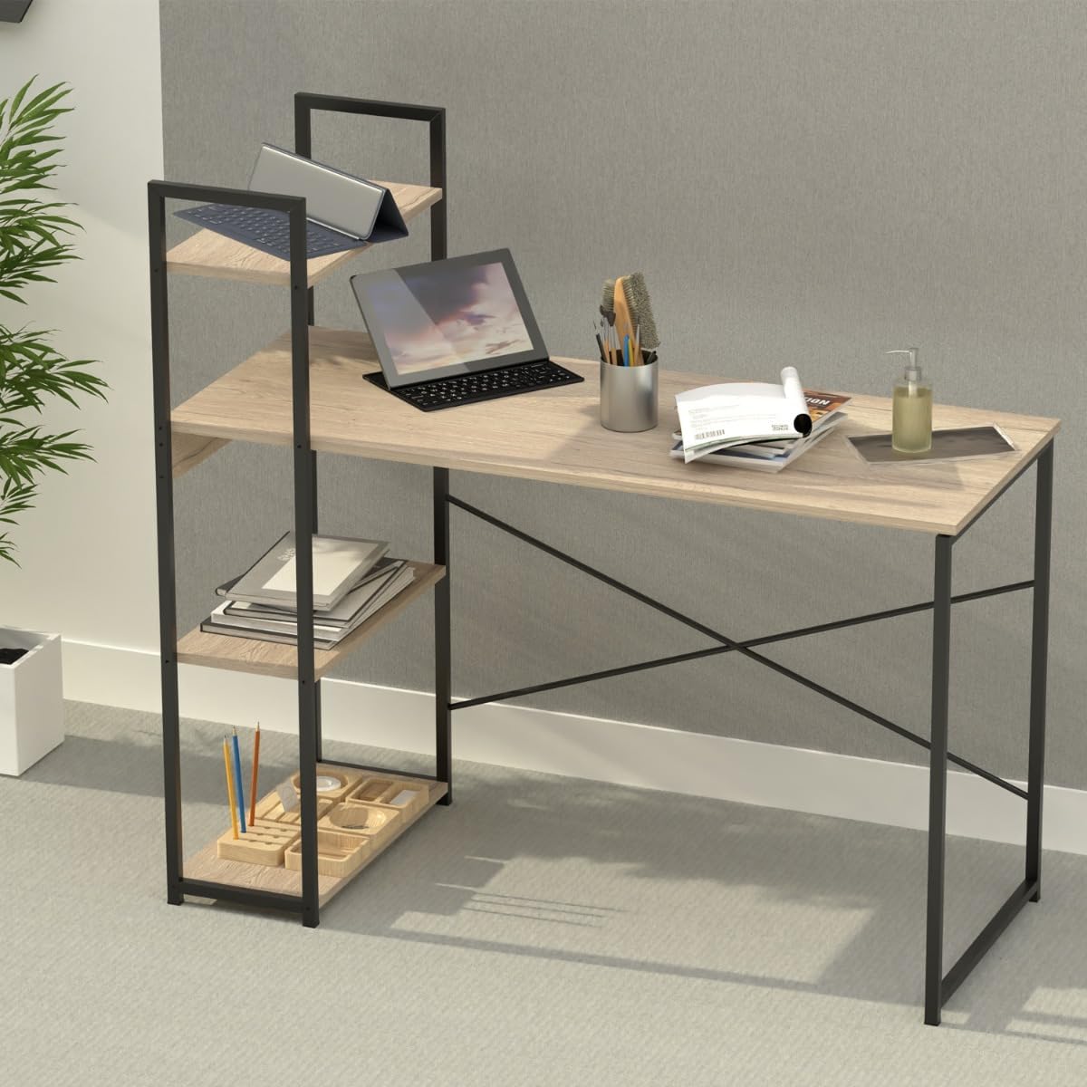 Mahmayi Stylish ZCD-27B Computer Desk with 4-Tier Storage Shelves, Modern Workstation Table Ideal for Home and Office - Black and Griege