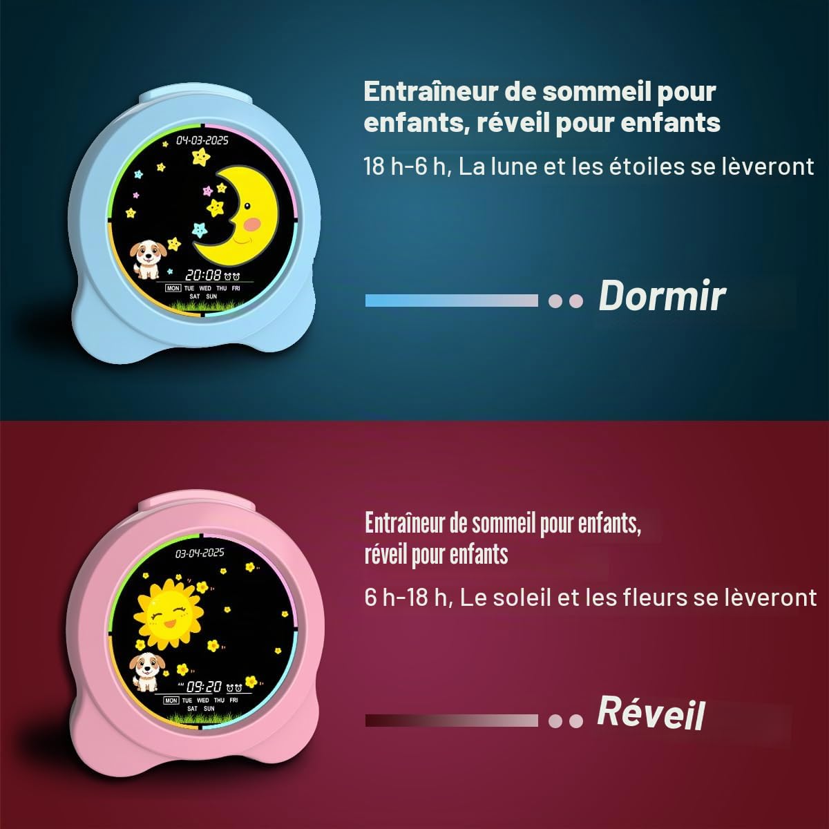 Réveil pour Enfants Soleil et Lune Affichage LED avec Jour et Date OK pour réveil avec veilleuse pour Enfants, Cadeau d'apprentissage du Sommeil pour garçons et Filles (Bleu)