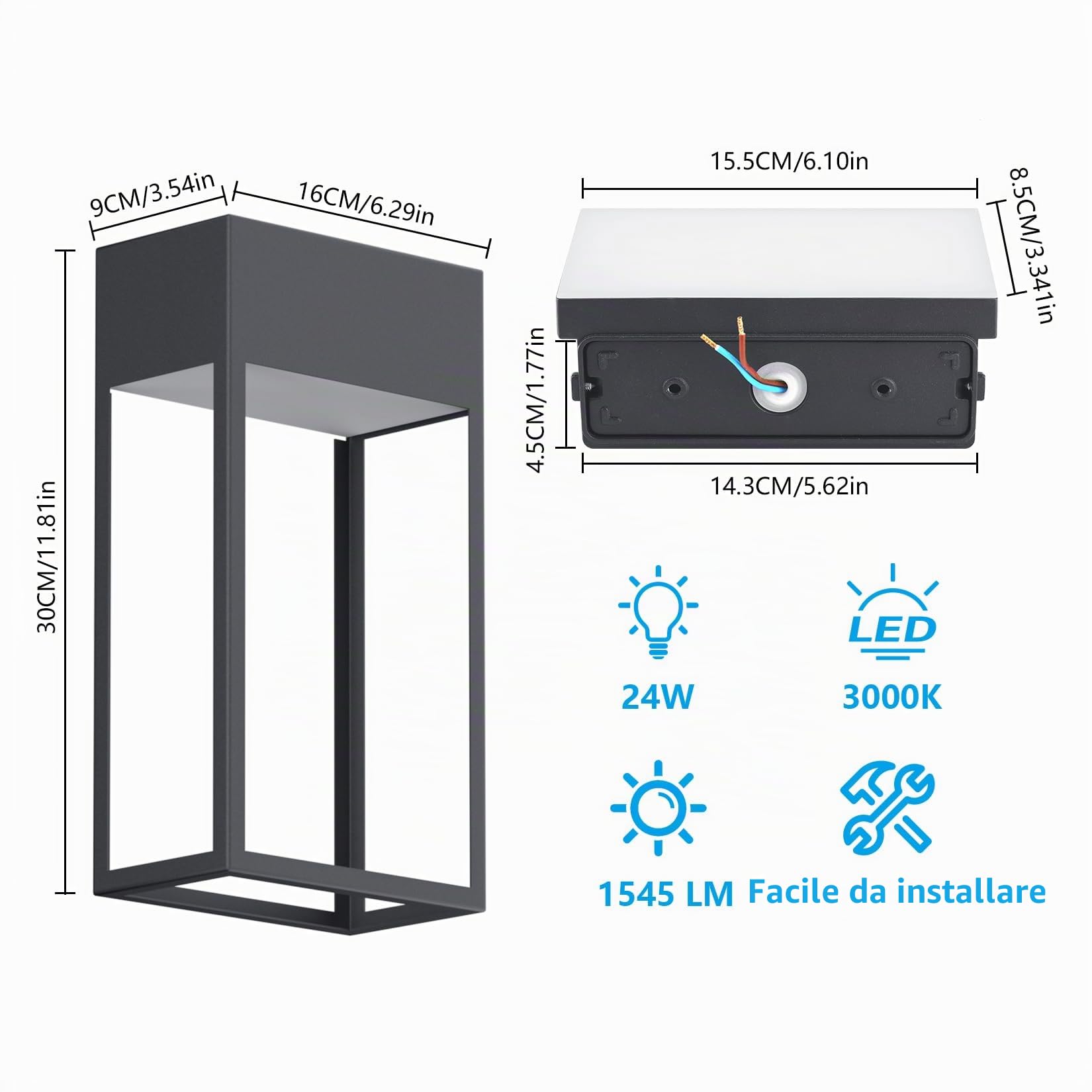 Klighten 24W Led Lampada da Parete Esterno, Antracite Applique da Parete, IP65 Applique Interno/esterno, Moderno Lampada Muro Alluminio, Luci da parete Per Giardino Portico, 3000K Bianco caldo