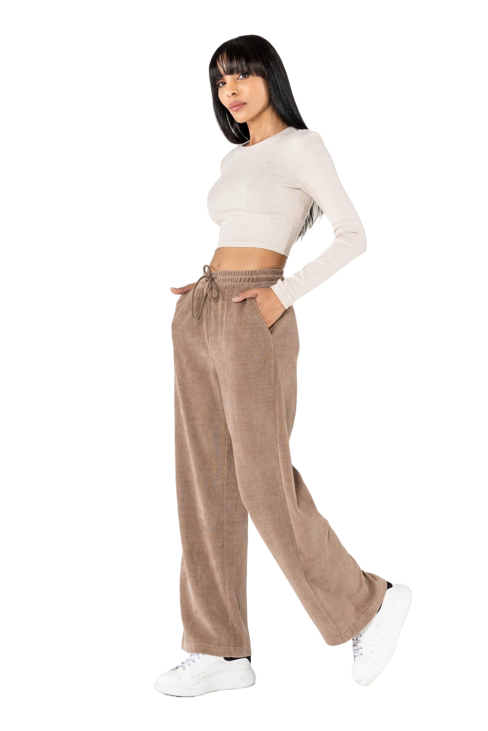 Nina Carter Pantalon de loisirs J253 pour femme - Pantalon de jogging en velours - Coupe décontractée - Pantalon aspect velours avec taille élastique et jambes larges