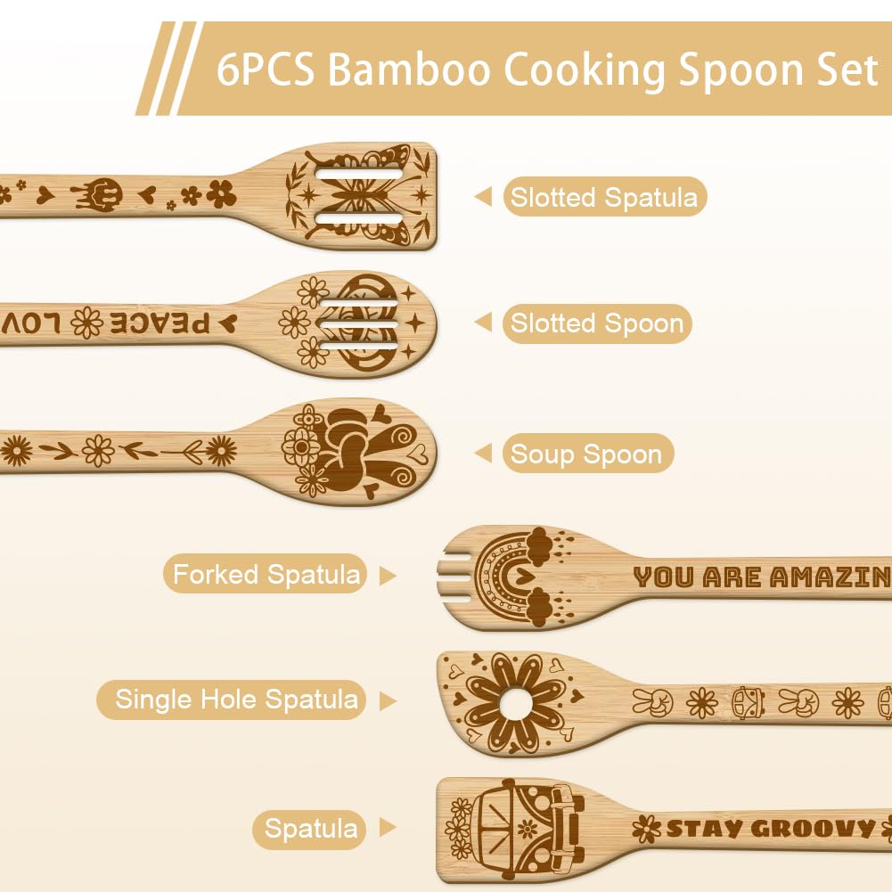 GLOBLELAND Set 6 Utensili Da Cucina In Bambù Con Intaglio Bradipi - Cucchiai E Spatole Regalo Per La Casa