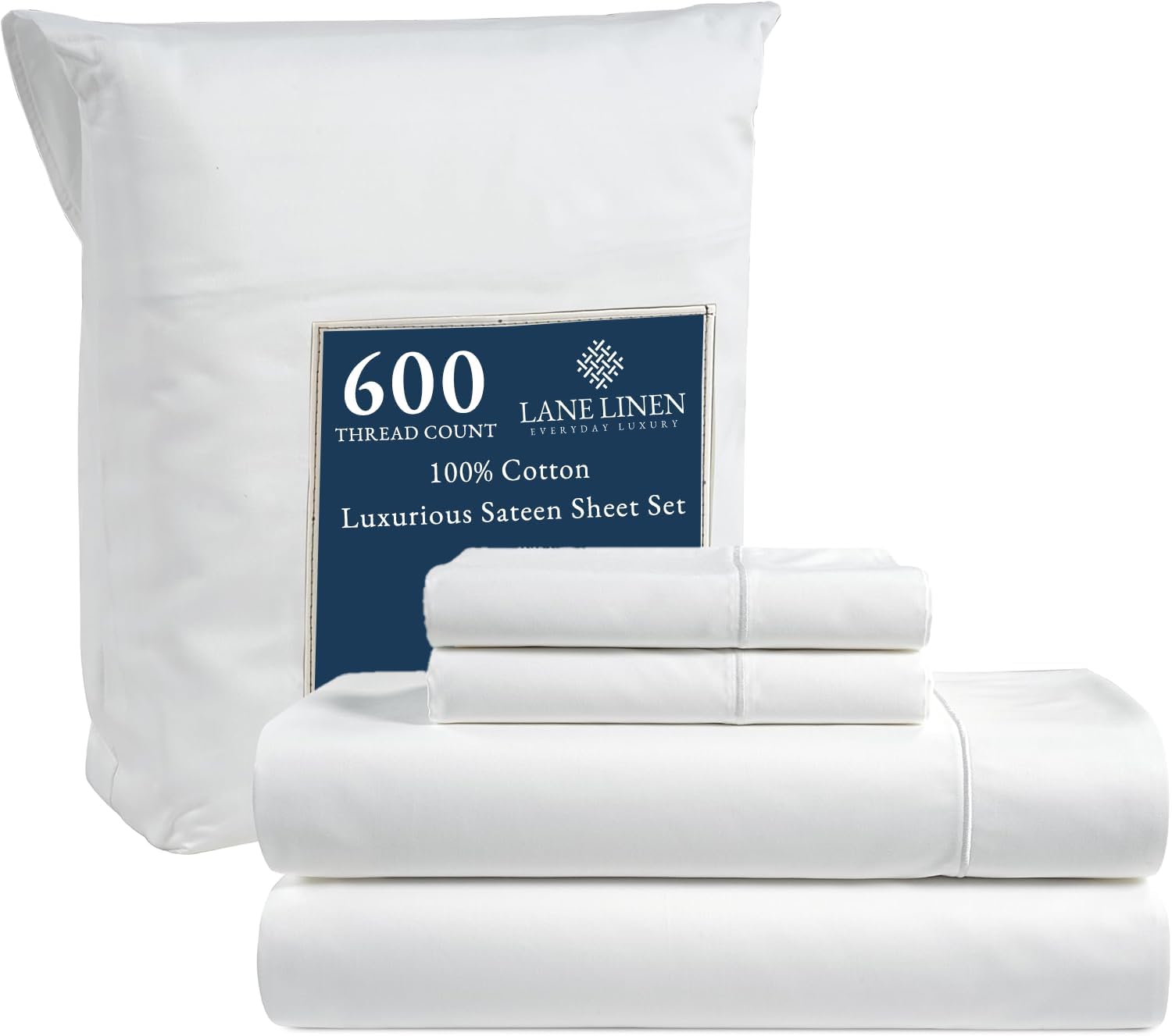 LANE LINEN Queen Sheet Set - 600 Thread Count Premium Soft Long Staple 100% Cotton Sheets, Hotel Luxury Sateen Silky Finish, Snug Fit 15" Deep Pocket, Low Pill, Machine Washable - White SheetsOEKO-TEX STANDARD 100