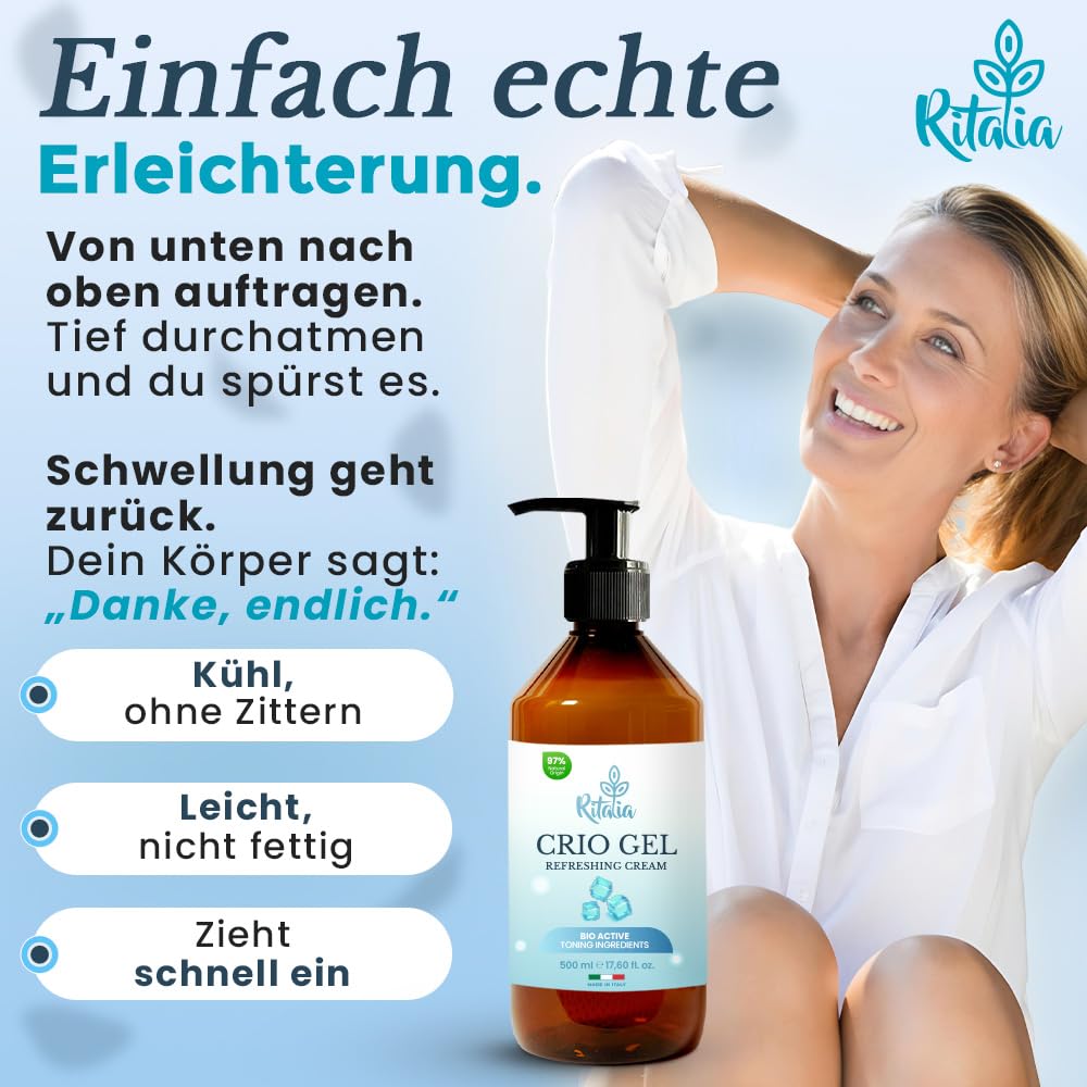 500ml KÜHLGEL FÜR LYMPHDRAINAGE BIO verbessert die Durchblutung bei Krampfadern, Besenreisern, geschwollenen Beinen und Füßen - Ritalia® Cryo gel mit starkem kühlendem Effekt