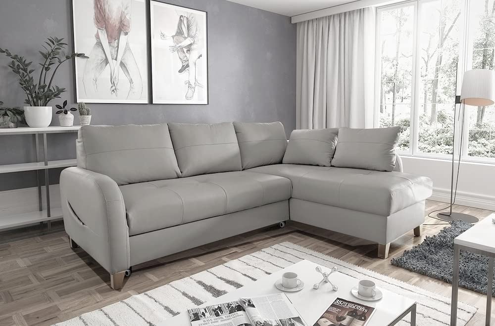 Canapé d'angle Convertible en Cuir de Luxe Italien, 5 Places CONFORIA, Gris Clair, Angle Droit