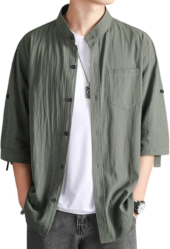 Amazon Odfmce シャツ メンズ 半袖 夏 ゆったり 七分袖 無地 綿麻 おしゃれ カジュアル 大きいサイズ シャツ 通販