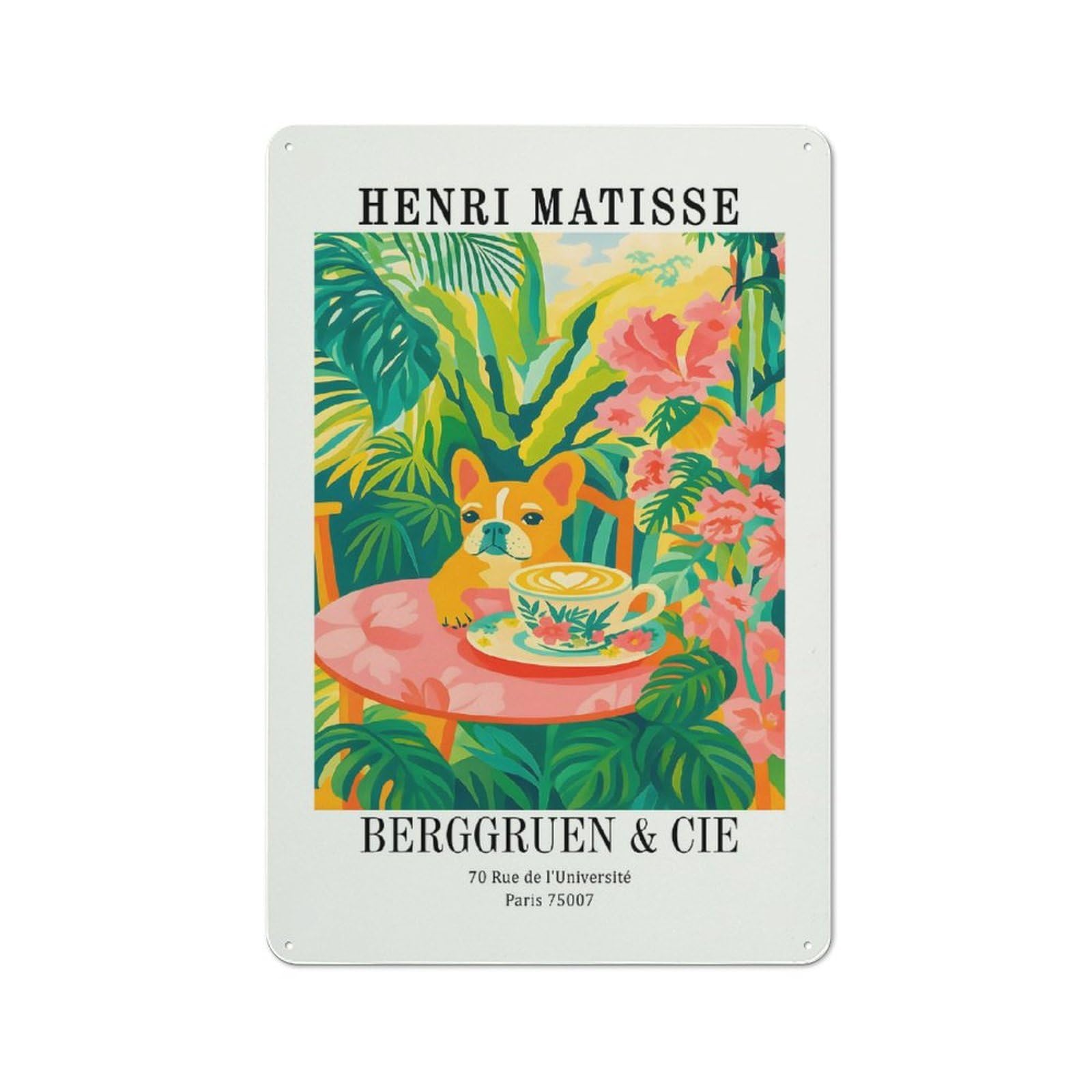 Junmoney Style-4 Retro Metal Wall Plaque 30X20cm Featuring Henri Matisse Inspired Dog Cafe Art, Room Wall Plaque For Hallway, Home Bar, Garage Or Study