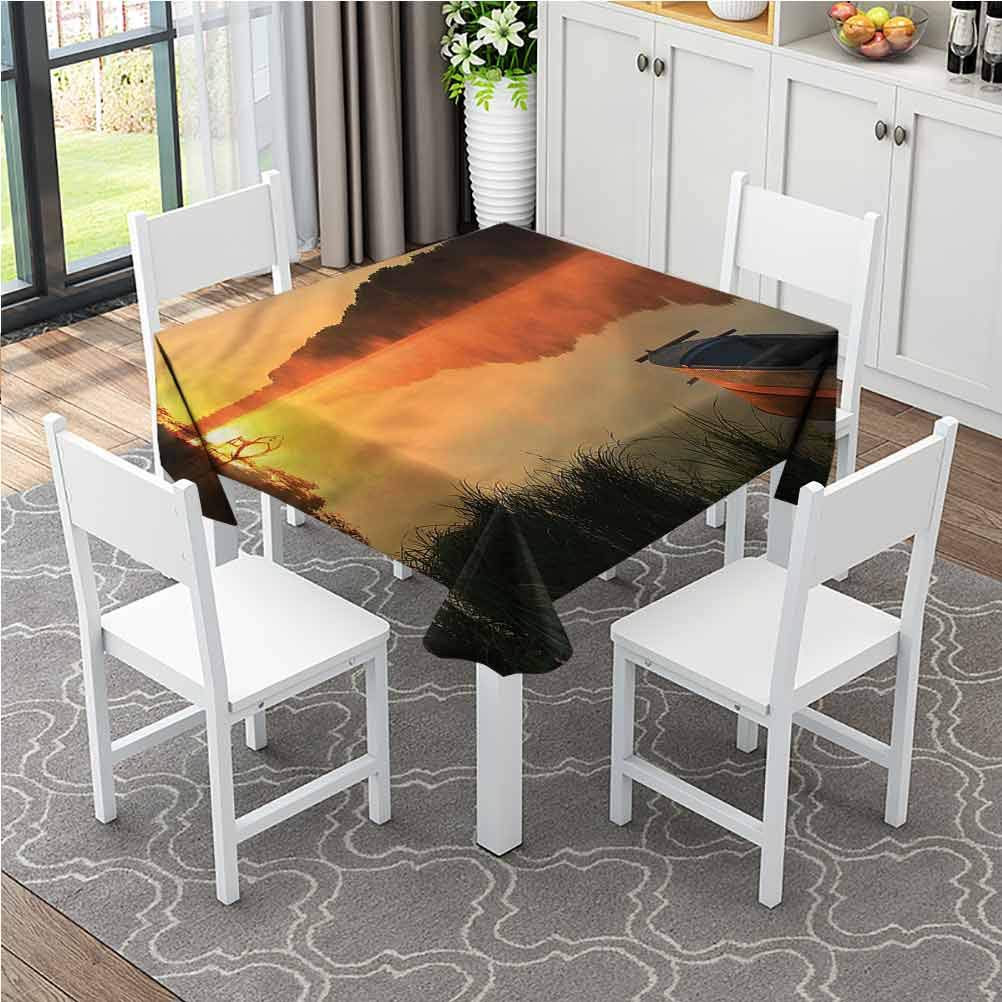 SLLART Polyester Fabric Table Cloth Dust-Proof Wrinkle Resistant Soft Table Cover Boat on Misty Shoreline (Square,138x138 inch) for Kitchen Dinning Tabletop Decoration