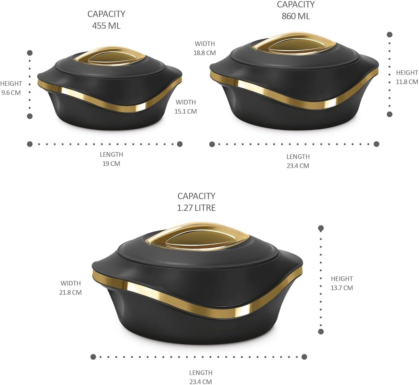 Inner Stainless Steel Jr. Casserole | Keeps Food hot & Fresh Chapati, Roti, Biryani | Set of 3 (455 ml, 860 ml, 1270 ml), (Black)