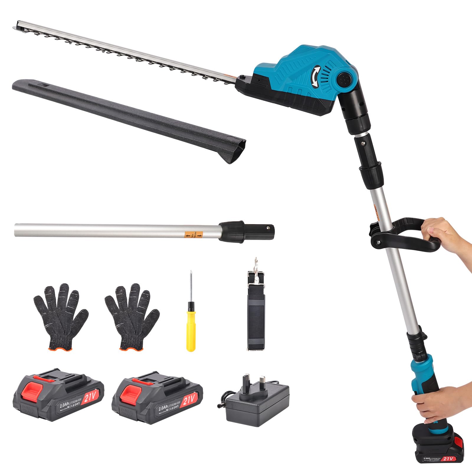 Cortasetos a batería 21 V – Cortasetos telescópico extensible con 2 pilas de 2000 mAh
