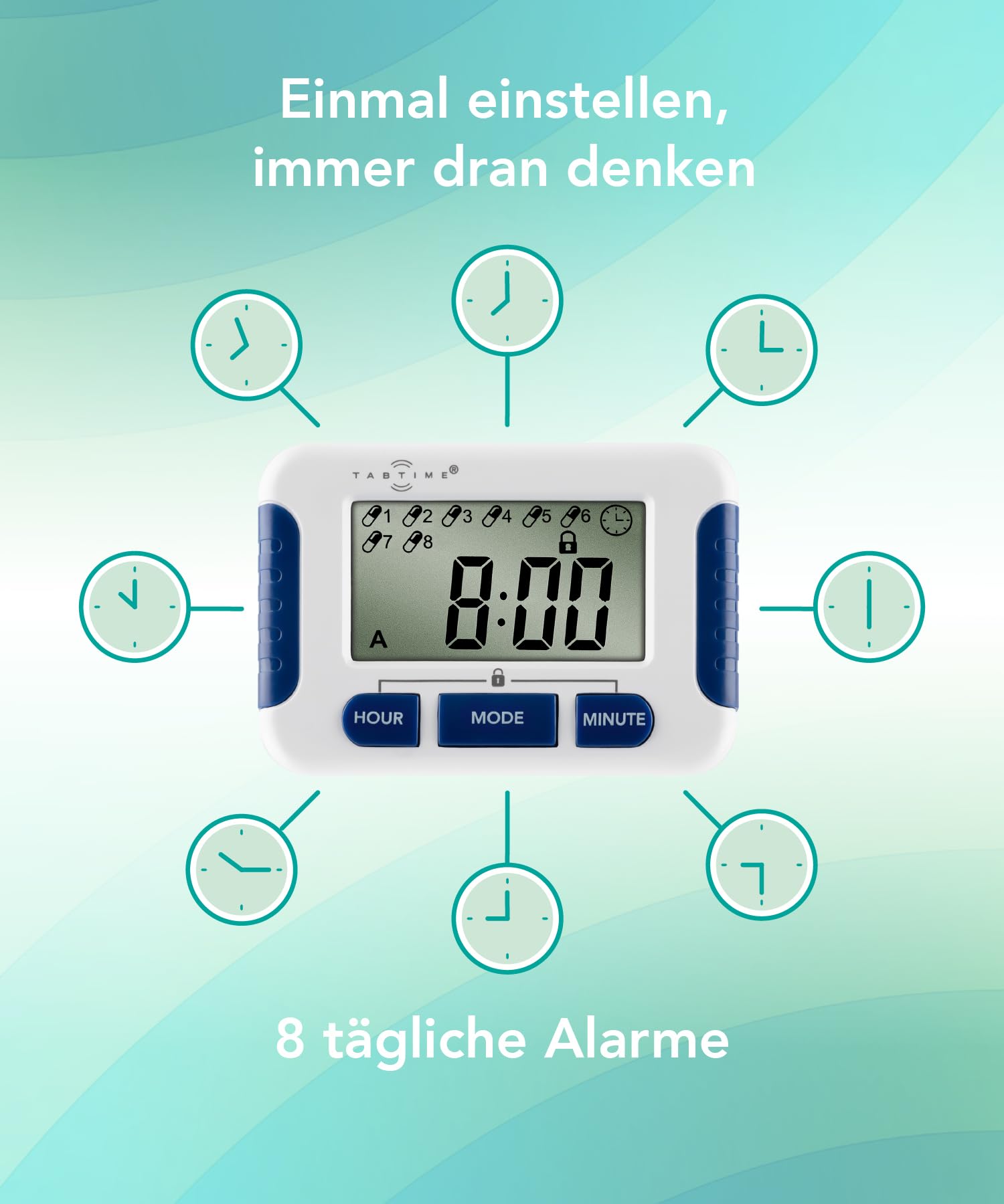 TabTime Timer (mit deutscher Anleitung), Pillenerinnerung, Medikamenten-Uhr/Wecker mit 8 Alarmen pro Tag, essentiell für Parkinson-Patienten