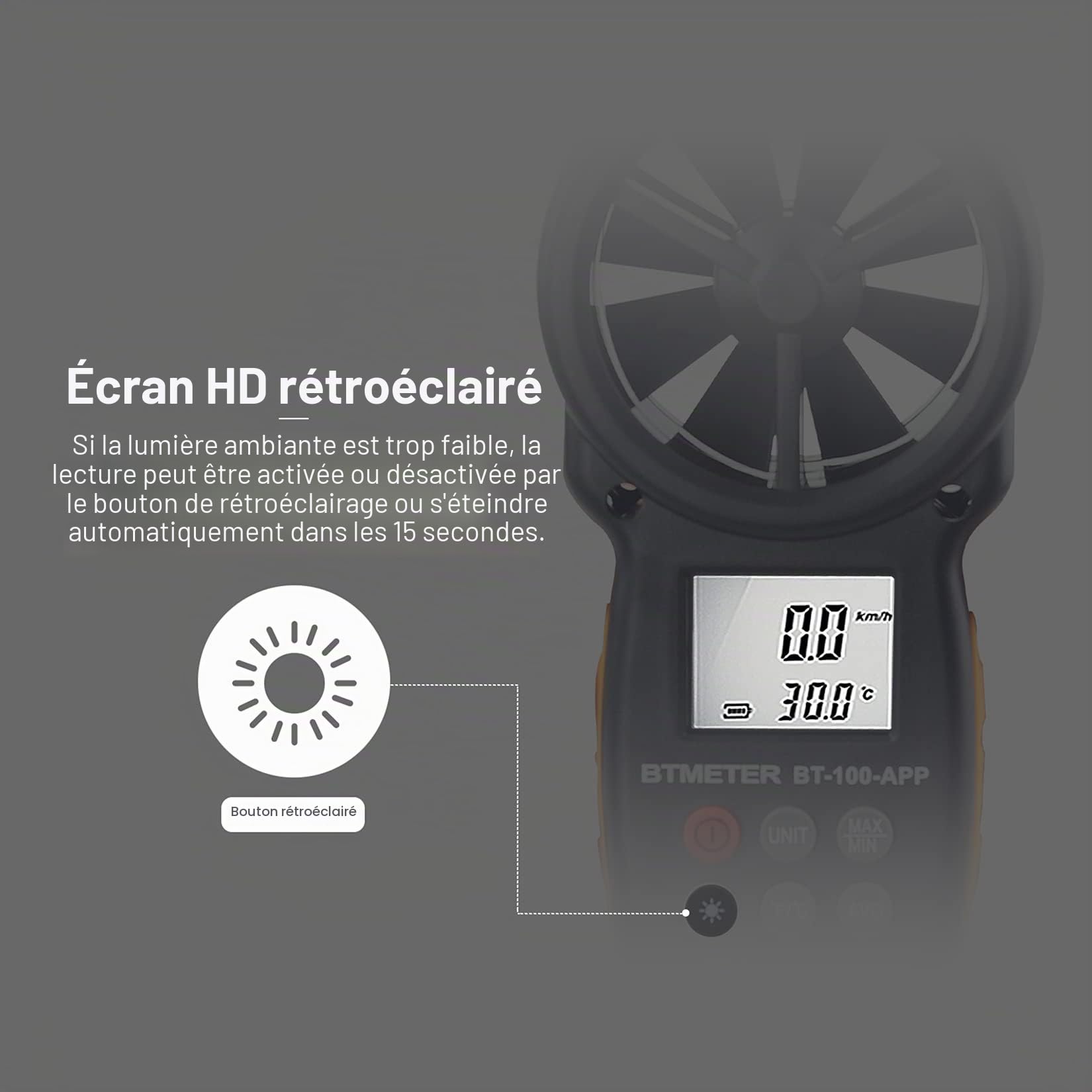 BTMETER Anémomètre numérique portable sans fil Bluetooth pour refroidissement éolien, vitesse, température BT-100APP