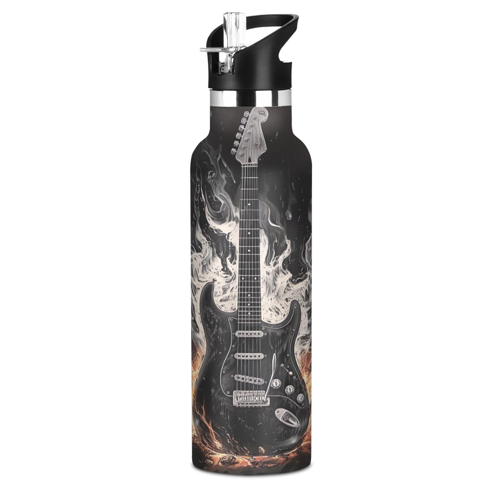 Photo 1 of *MAJOR DAMAGE*
Blueangle 20oz Water Bottle with Straw - Stainless Steel BPA-Free Sports Water Bottle, Leakproof Black Electric Guitar Design for Gym, Outdoor, Office & Travel