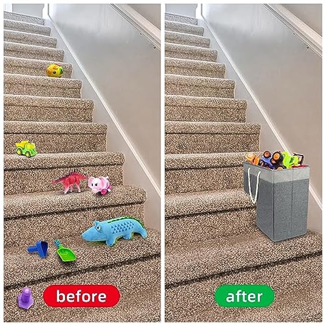 Stair Basket for Stairs with Handle, Staircase Baskets for Carpeted and Wooden Stairs,16 Step Storage Laundry basket for Stairs, Toys, Clothes, Books, Tools, Magazine, with Hard Board, Anti-slip