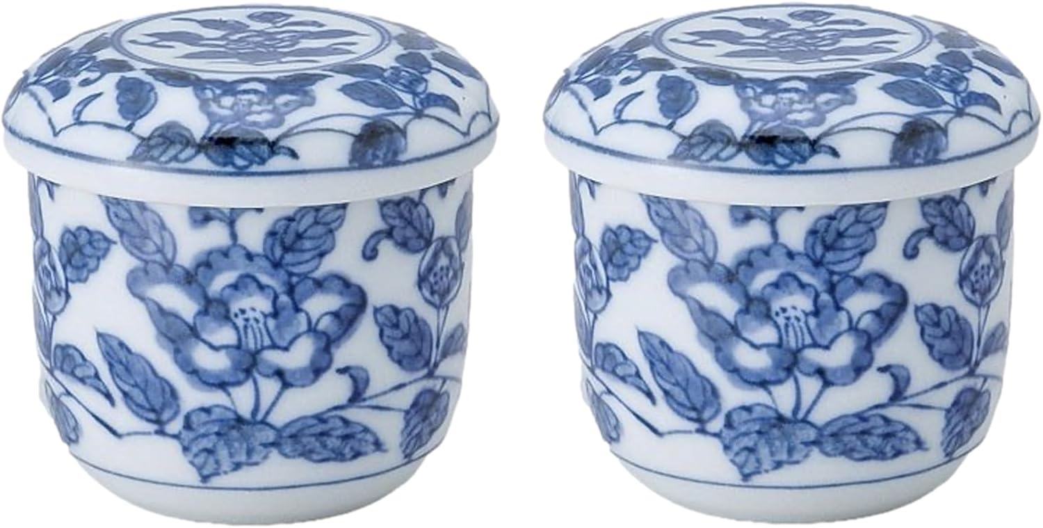 Japanese Ceramic Chawan-mushi Cups with Lid 3.39 x H3.15 Inches, 7.2 fl. Ounces, Mino Ware, Indigo Grapes pattern, Set of 2 from Japan (Grape)