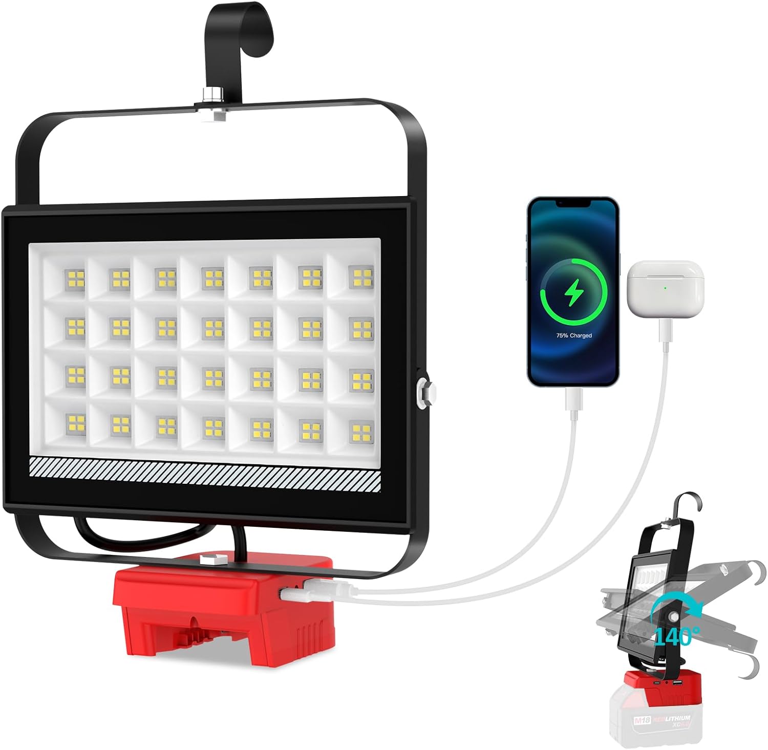 T-SUN 100W LED Work Light, Cordless Portable Light Compatible with Milwaukee 18V Battery(Not Included), Work Lights with USB & Type C Charging Port, for Jobsite, Emergency, Garage, Car Repair