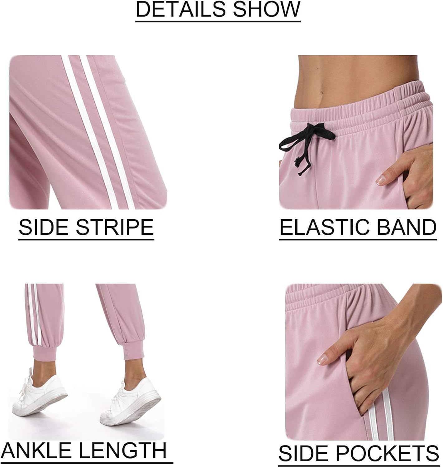 RIOJOY Women's Side Stripes Cuffed Pants Knit Trousers Athletic Training Casual Joggers Sweatpants with Pockets